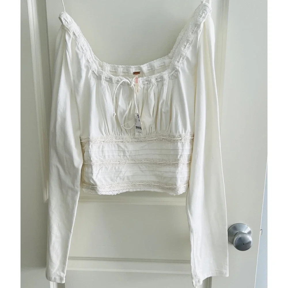 NWT Free People Scarlett Smocked Boho Crop Top Clean Ivory Romantic Babydoll